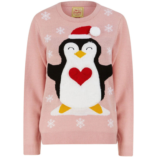 Christmas Penguin Hug LED Light Up Womens Jumper - Pink