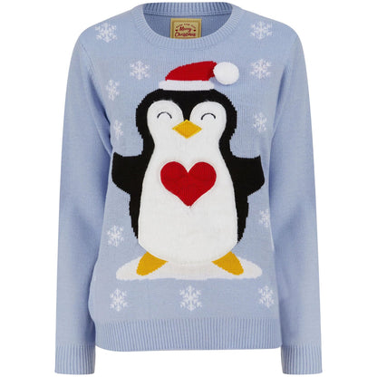 Christmas Penguin Hug LED Light Up Womens Jumper - Blue