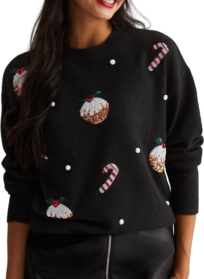 Christmas Pudding Sequin Womens Christmas Jumper - Ink