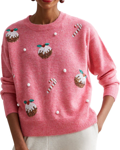 Christmas Pudding Sequin Womens Christmas Jumper - Pink