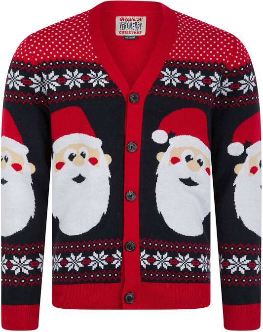 Christmas Red Hat Festive Pattern Novelty Mens Cardigan - Red