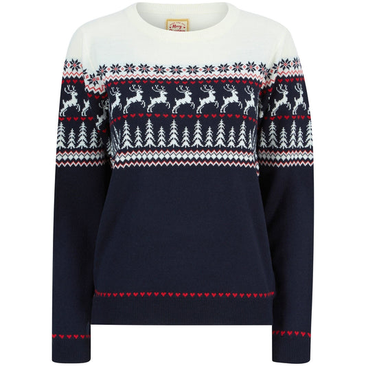 Christmas Reindeer Heart Nordic Fairisle Womens Jumper - Navy