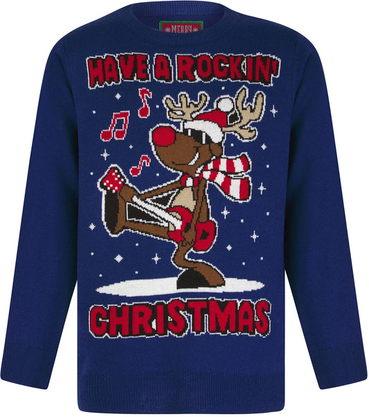 Christmas Rockin Rudolph LED Light Up Junior Christmas Jumper - Sapphire