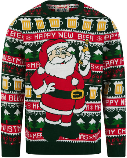 Christmas Santa Beer Motif Novelty Mens Jumper - Green