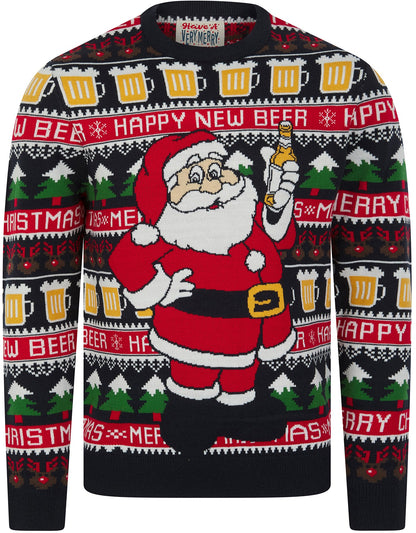 Christmas Santa Beer Motif Novelty Mens Jumper - Ink