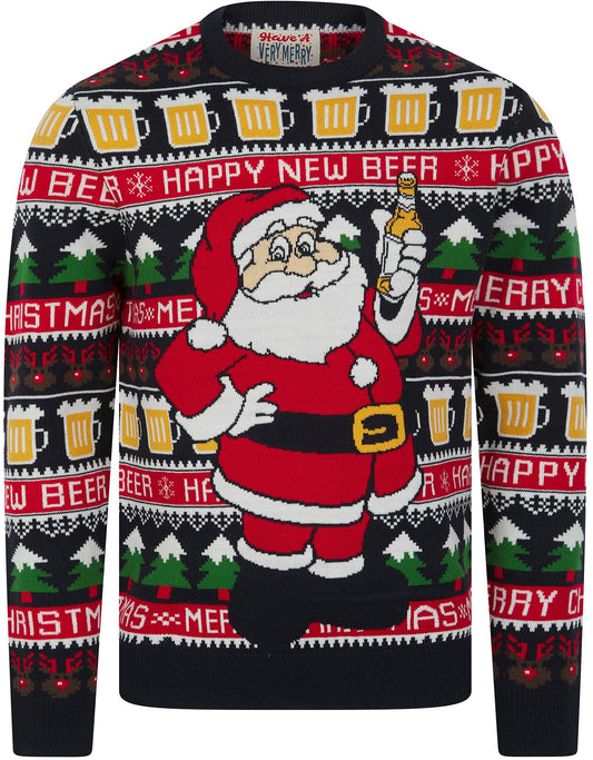 Christmas Santa Beer Motif Novelty Mens Jumper - Ink