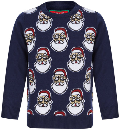 Christmas Santa Head Repeat Junior Christmas Jumper - Blue