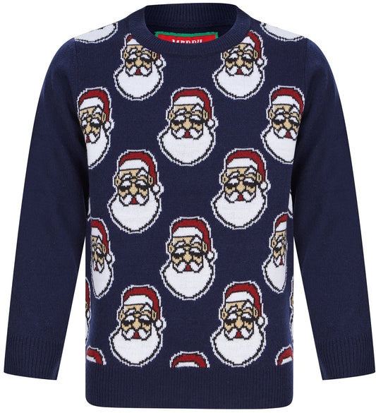 Christmas Santa Head Repeat Junior Christmas Jumper - Blue