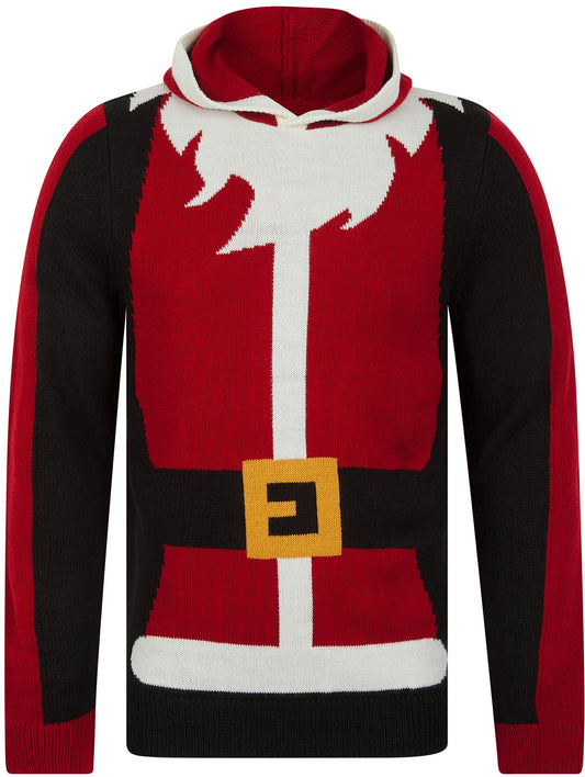 Christmas Santa Novelty Hooded Mens Jumper - Red