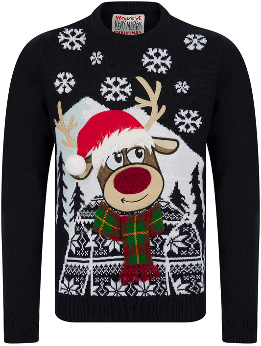 Christmas Snow Deer Motif Novelty Mens Jumper - Ink