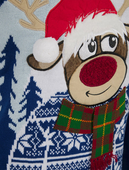 Christmas Snow Deer Motif Mens Jumper - Blue