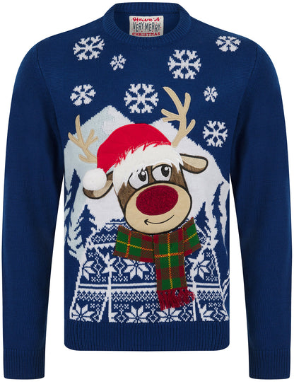 Christmas Snow Deer Motif Mens Jumper - Blue