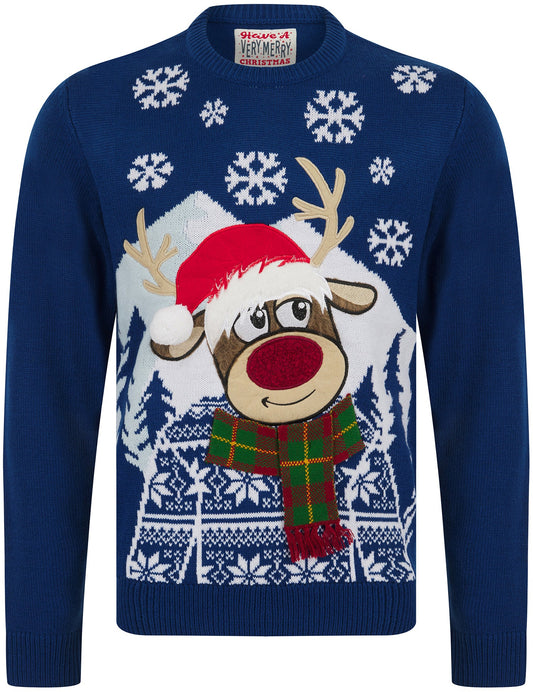 Christmas Snow Deer Motif Mens Jumper - Blue