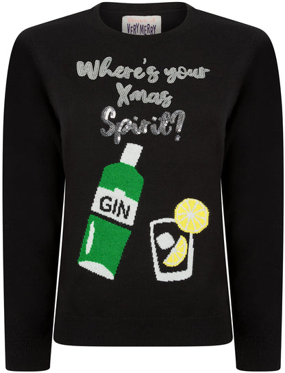 Christmas Spirit Sequinned Womens Christmas Jumper - Black