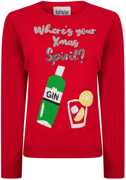 Christmas Spirit Sequinned Womens Christmas Jumper - Red