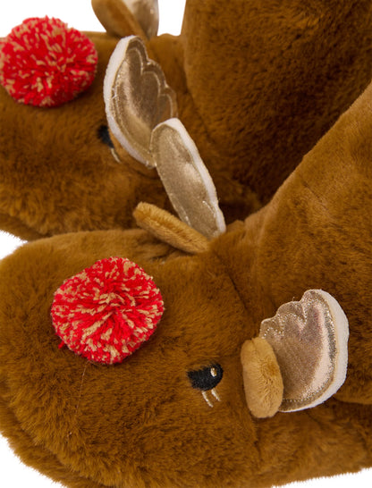 Christmas Stampy Reindeer Slippers - Brown