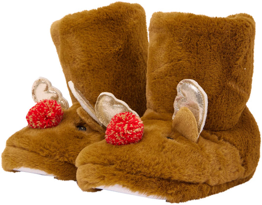 Christmas Stampy Reindeer Slippers - Brown