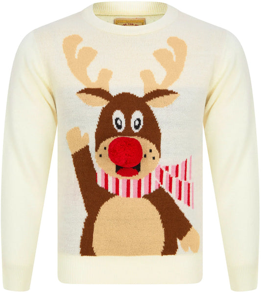 Christmas Waving Reindeer Junior Christmas Jumper - Cream