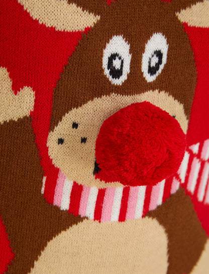 Christmas Waving Reindeer Junior Christmas Jumper - Red