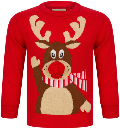 Christmas Waving Reindeer Junior Christmas Jumper - Red