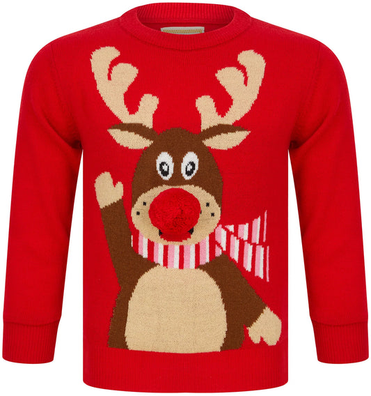 Christmas Waving Reindeer Junior Christmas Jumper - Red