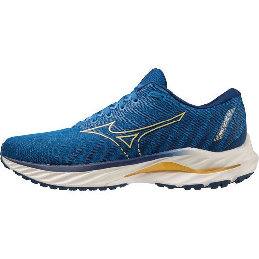 Mizuno men's blue running shoes with wave plate technology, breathable mesh upper, and dual-tone sole for sports and jogging.