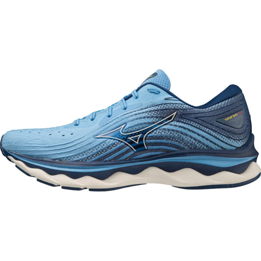 Mizuno men's running shoe in blue with wave plate technology and breathable mesh upper