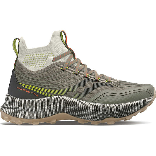 Men's Saucony Endorphin Trail running shoes in gray and olive with a grippy outsole and cushioned ankle support