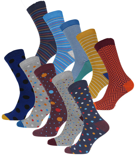 More Mile Design 10 Pack Mens Spots and Stripes Socks - Multi