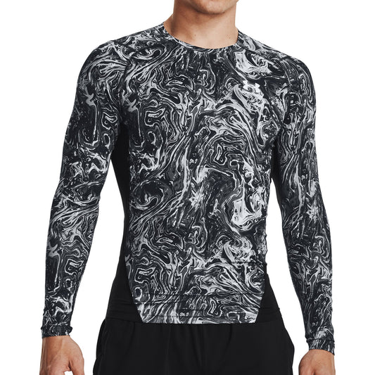 Under Armour HeatGear Printed Compression Long Sleeve Mens Training Top - Grey
