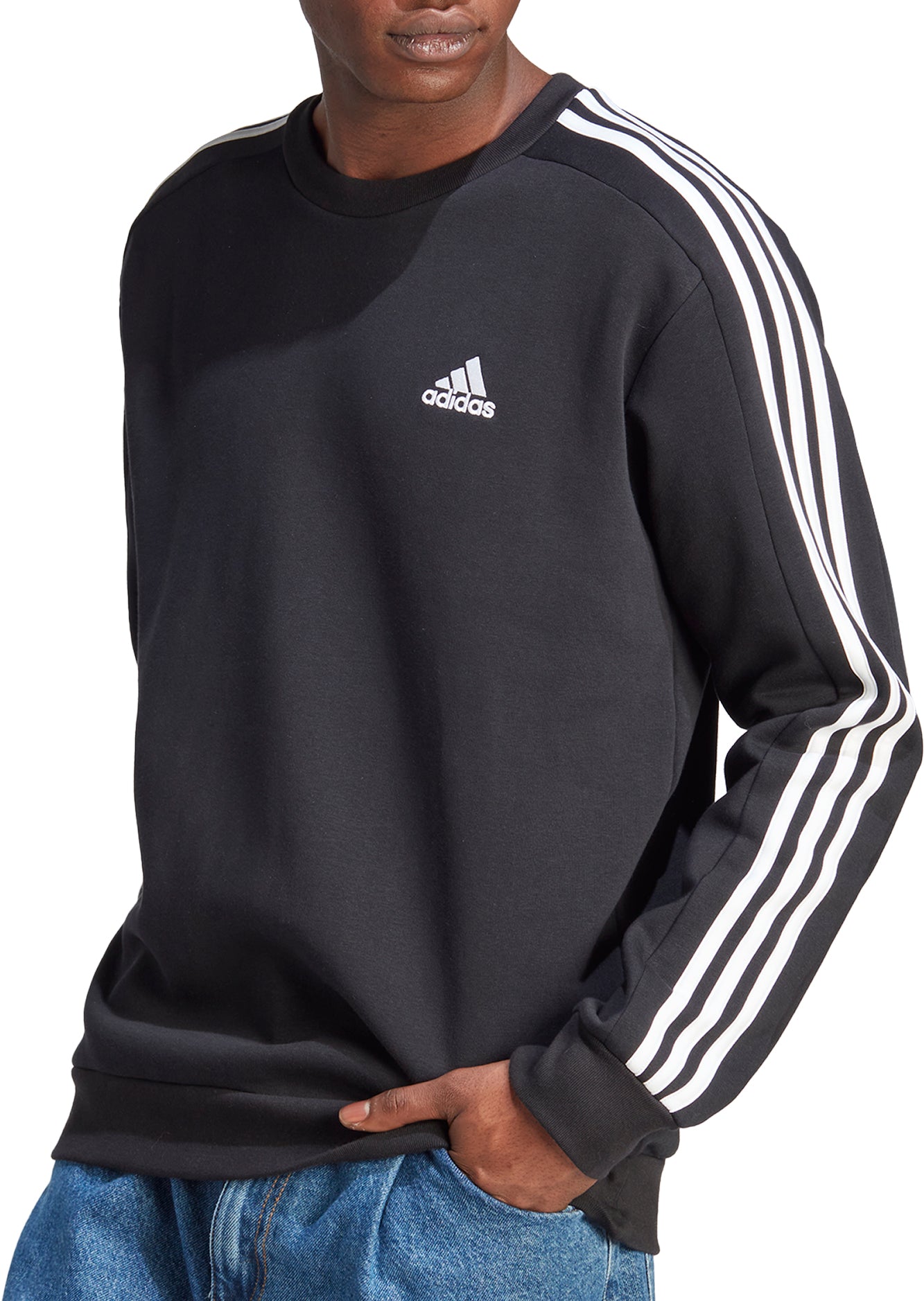 【Adidas コリア】 Essentials Fleece 3-Stripes Sweatshirt adidas Essentials Fleece 3 Stripes Mens Sweatshirt - Black