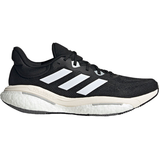 Black Adidas SolarGlide men's running shoe with white stripes, performance sneakers for jogging and athletics with Boost midsole