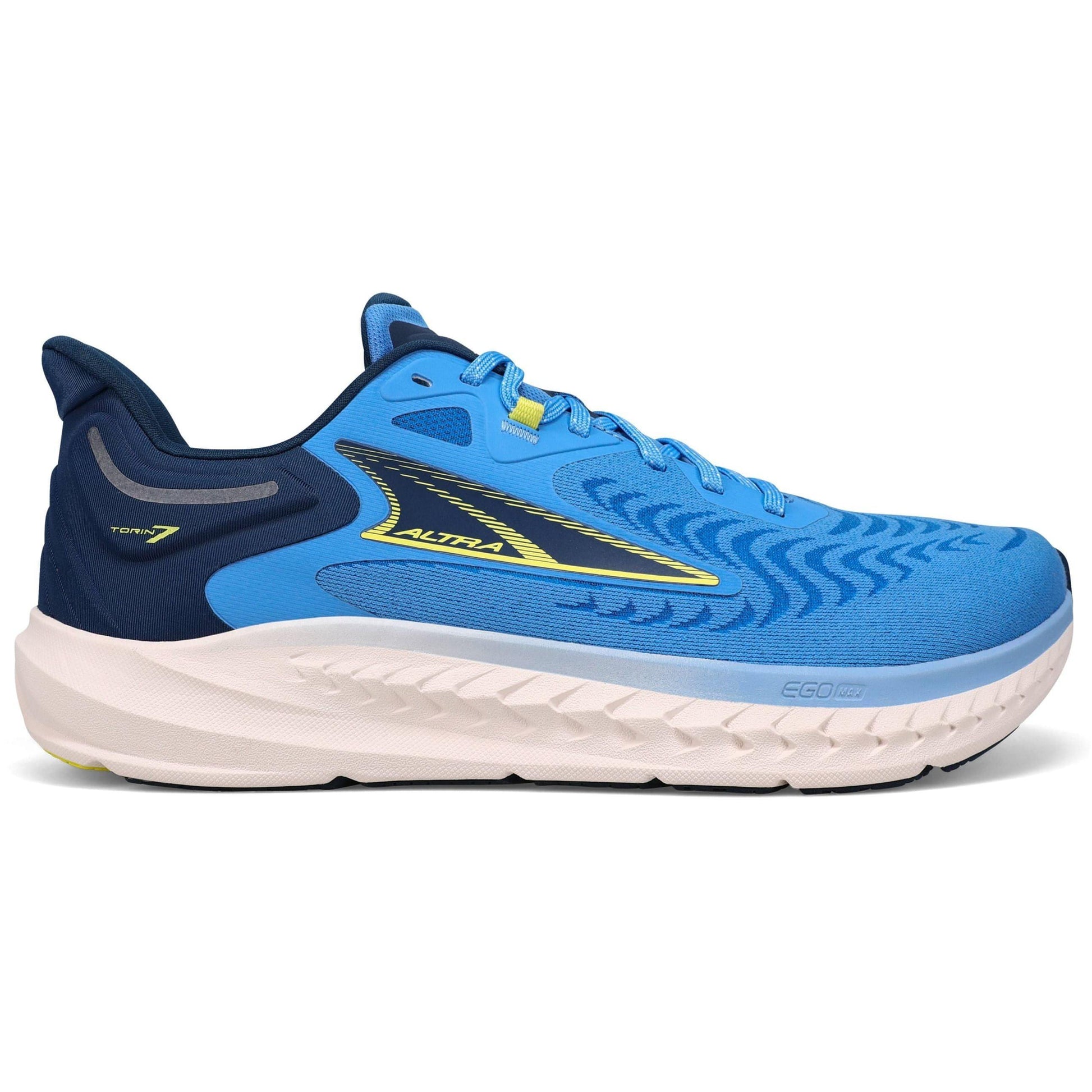 Altra men's blue Torin 4.5 Plush road running shoe with white sole and FootShape toe box