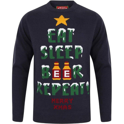 Christmas Eat Sleep Beer Repeat Mens Christmas Jumper - Navy - Start Fitness