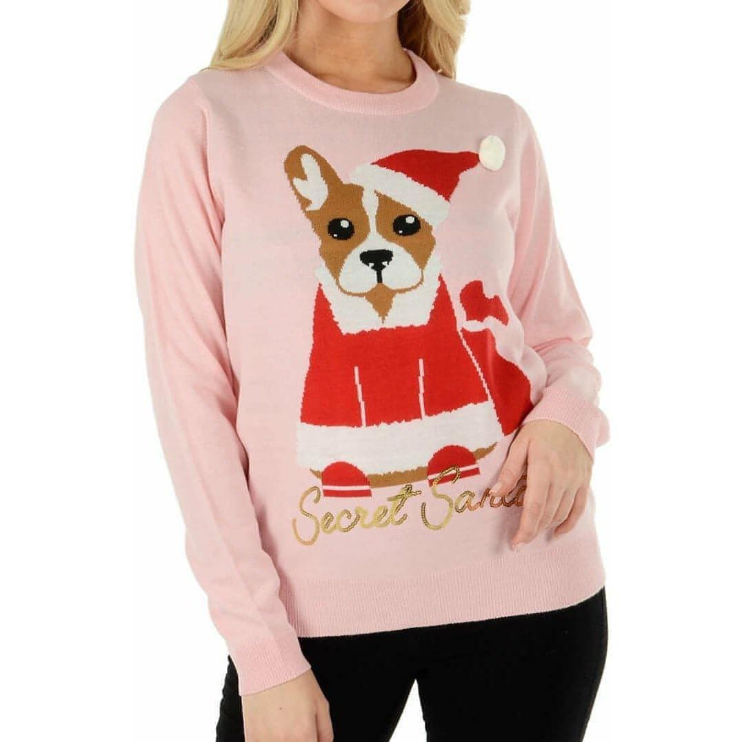 Christmas Secret Santa Dog Womens Christmas Jumper - Pink - Start Fitness