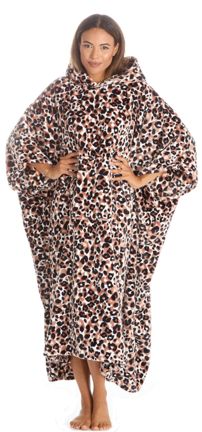 Huggable Hoodie Oversized Wearable Blanket Womens Fleece Hoody - Leopard