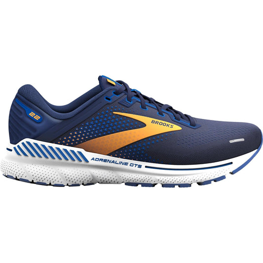Brooks Adrenaline GTS men's running shoes in navy blue and orange, breathable mesh upper, white cushioning sole with stabilizing technology.