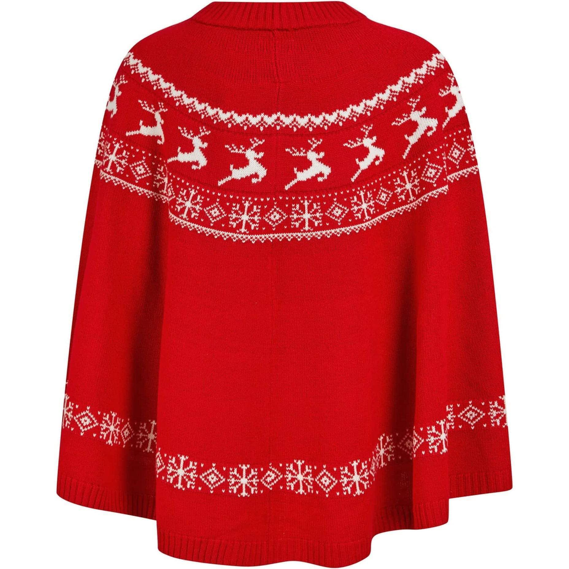 Christmas Evanore Reindeer Print Poncho Cape  Red Back View