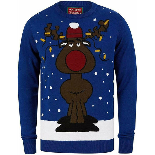 Christmas Jumbled Rudolph Motif Mens Christmas Jumper - Blue - Start Fitness