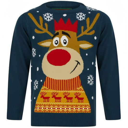 Christmas Reindeer Smile Junior Christmas Jumper - Teal - Start Fitness