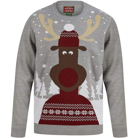 Christmas Snow Scene Rudolph Mens Christmas Jumper - Grey - Start Fitness