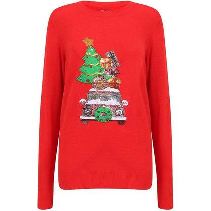 Christmas Xmas Stacked Car Womens Christmas Jumper - Red - Start Fitness