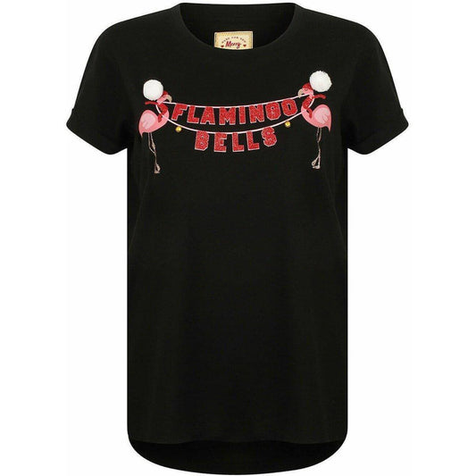 Season's Greeting Flamingo Bells Womens Christmas Short Sleeve Top - Black - Start Fitness