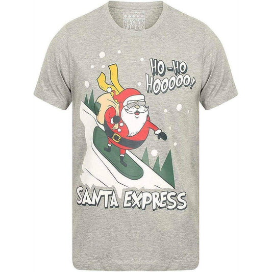 Season's Greetings Santa Express Novelty Mens Christmas Short Sleeve Top - Grey - Start Fitness
