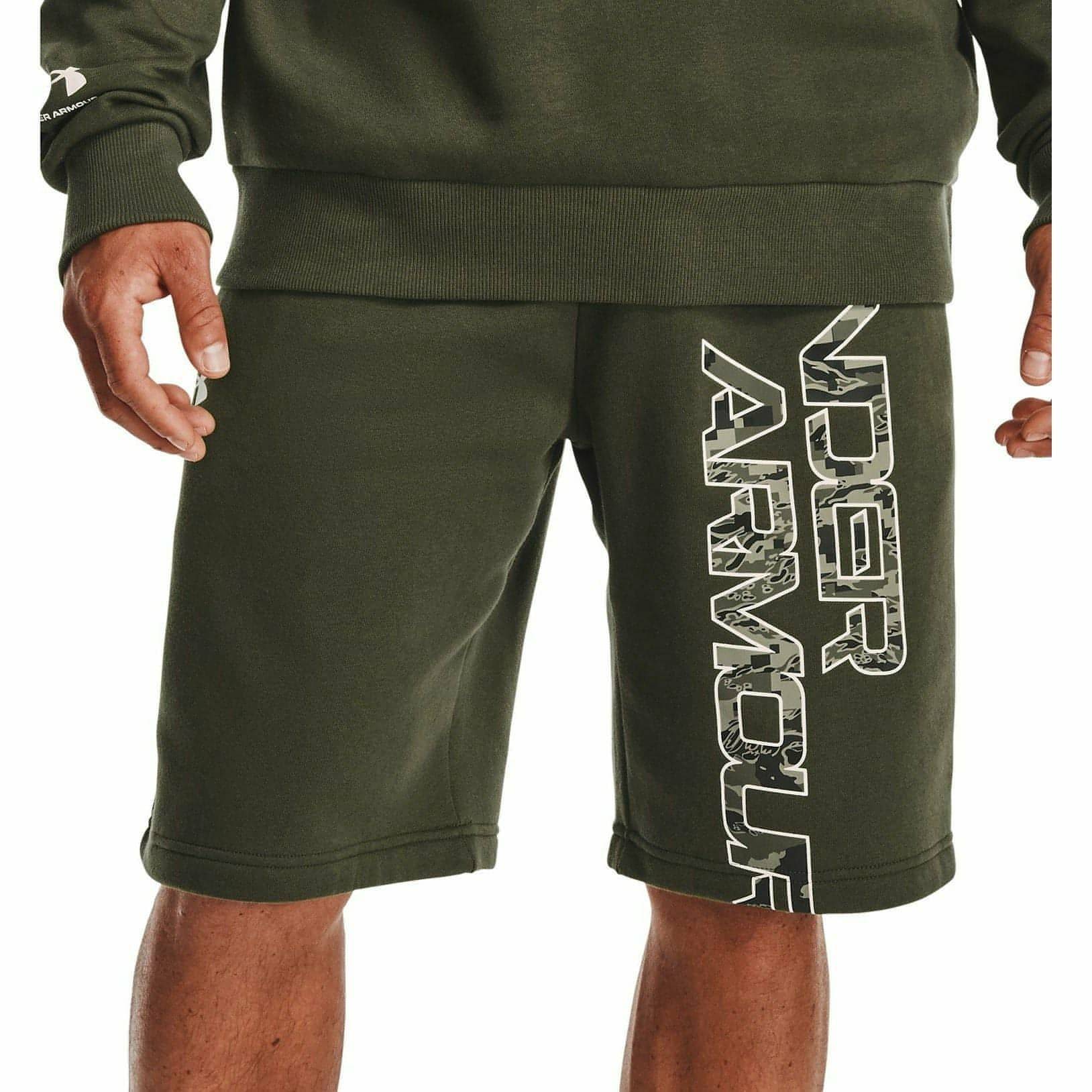 Under Armour Rival Fleece Camo Script Mens Training Shorts - Green ...